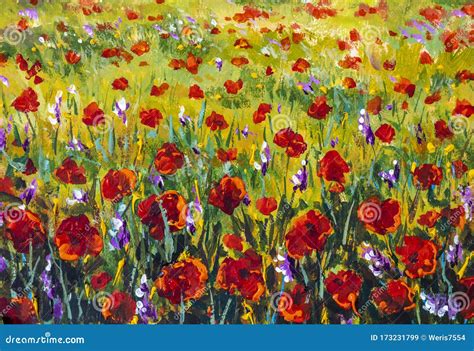 Red Poppies Tulips Rose Flowers in Green Grass Palette Knife Paintings Background Monet Painting ...