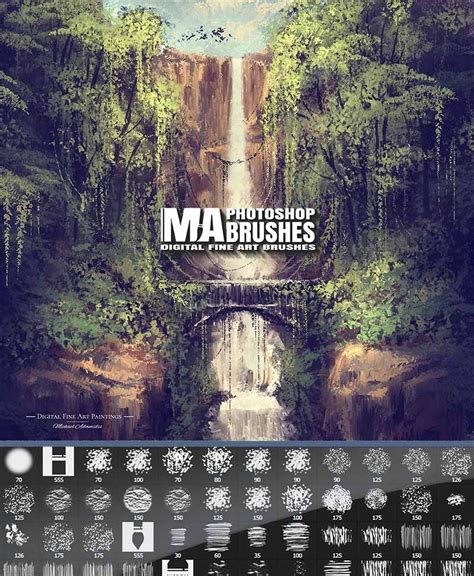 the poster for photoshop mabrushes shows an image of a waterfall and trees