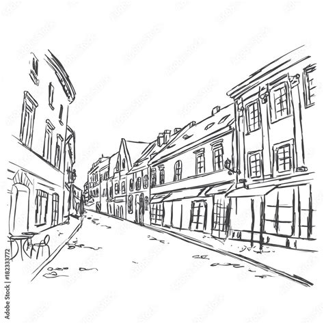 Old city street in hand drawn line sketch style. Old city landscape. Vector illustration. Stock ...