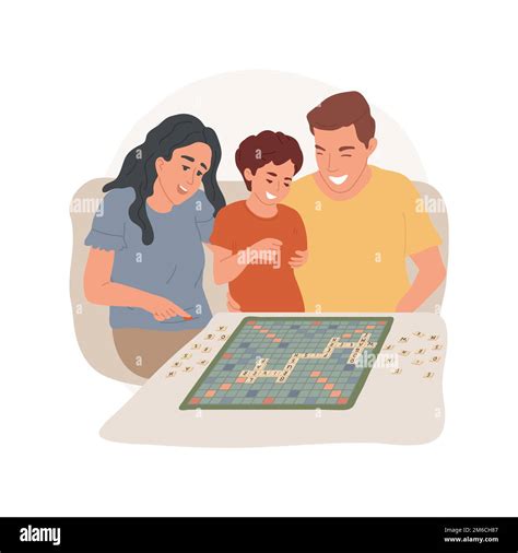 Word game isolated cartoon vector illustration. Happy parents with kids playing Scrabble game ...