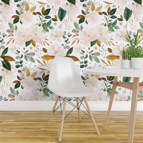 Peel & Stick Wallpaper 2FT Wide Gold Floral Magnolias Flowers White Custom Removable Wallpaper ...