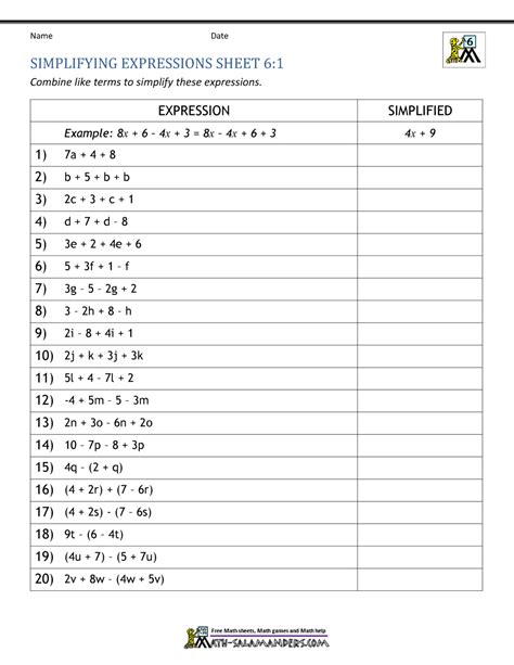 Simplifying Algebraic Expressions - Math Fun Worksheets - Worksheets Library