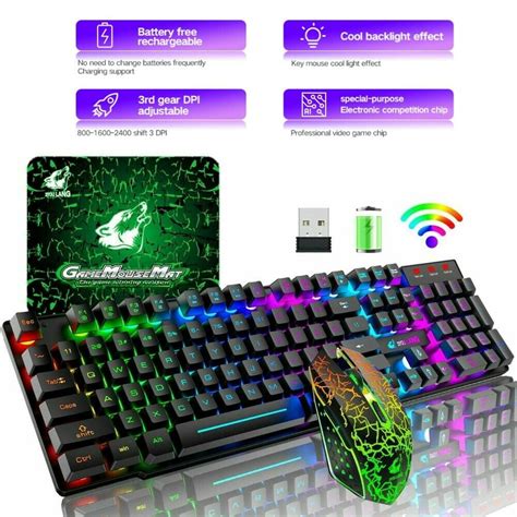 Wireless Gaming Keyboard and Mouse Combo Set With Mouse Pad Rainbow Color Backlit USB Keyboard ...