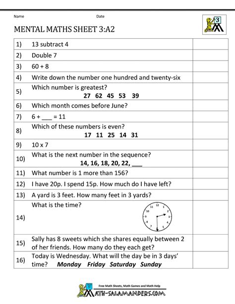 Year 3 Mental Maths Worksheets