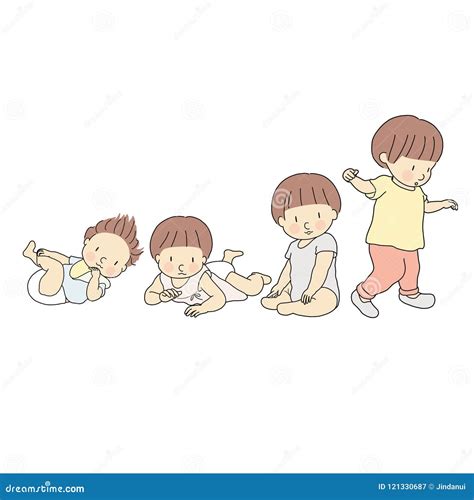 Vector Illustration of Baby Growth Stage in First Year. Set of Lying, Rolling Over, Crawling ...