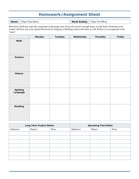 Assignment Sheet Template Collection