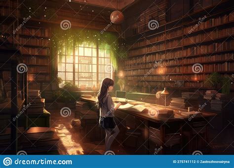 Anime Illustration of Girl Student in the Library. Generative AI Stock Photo - Image of ...