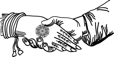 Indian wedding symbol hand of groom and bride, marriage function black and white line drawing ...