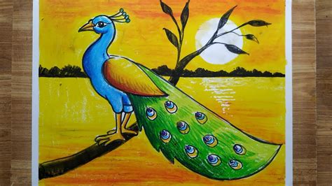 how to draw a peacock with oil pastel color,easy peacock drawing,sunset scenery drawing,bird ...