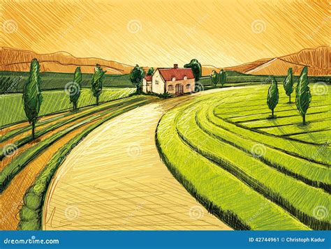 Evening Farm Stock Illustration - Image: 42744961