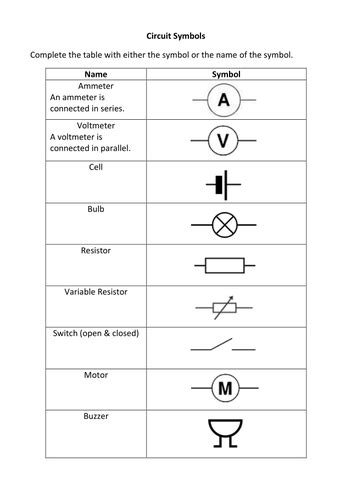 Circuit Symbols Exercise | Teaching Resources