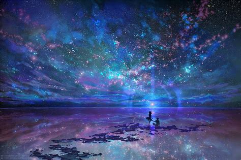 HD wallpaper: anime couple, scenic, stars, night, sky, silhouette, water | Wallpaper Flare