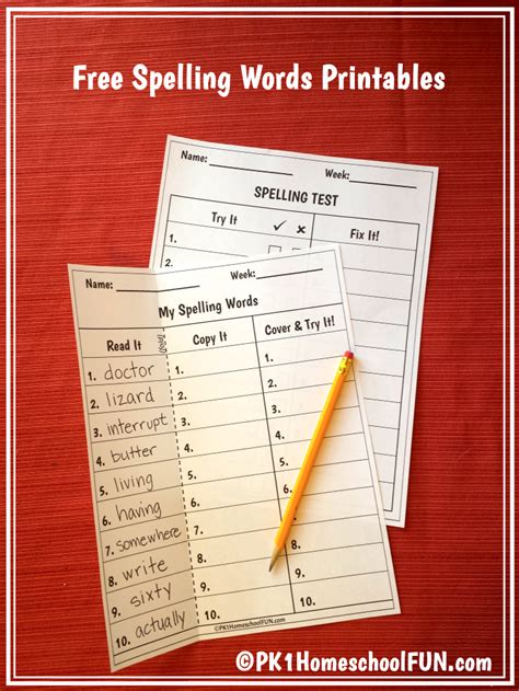 Free Spelling List And Spelling Test Printables - PK1HomeschoolFUN