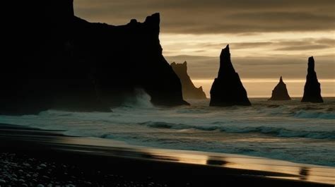 Premium AI Image | A beach with a black sand beach and a large rock formation in the foreground.