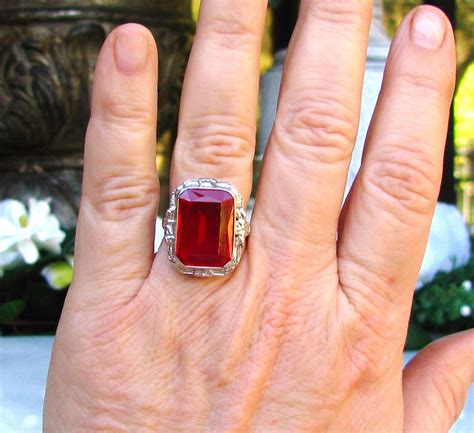 Vintage Emerald Cut Ruby Ring Large 14.00ct Synthetic Ruby | Etsy