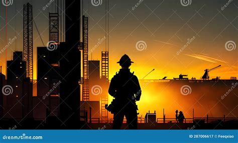 A Silhouette of Contruction Worker with Beautiful Sunset Lightning, Generative Ai Stock ...