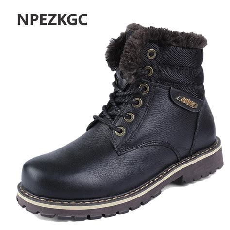 NPEZKGC Handmade Genuine Leather Men Boots Winter New Lace Up Plus Velvet Men Snow Boots Flats ...