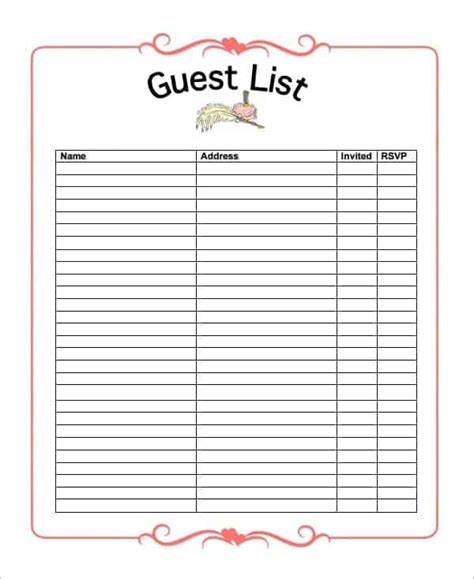 Party Guest List Excel Template - Printable Word Searches