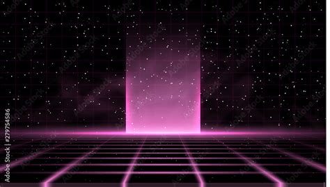 Synthwave vaporwave retrowave pink background with great glow in the middle, laser grid, starry ...