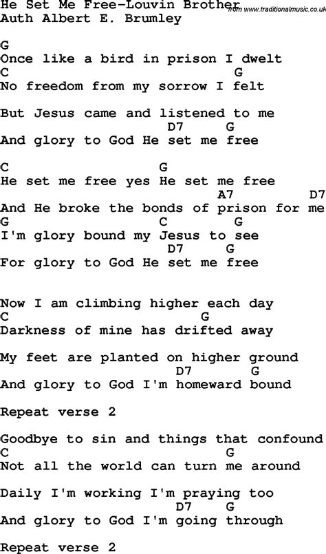 Country, Southern And Bluegrass Gospel Song He Set Me Free-Louvin - Free Printable Gospel Music ...