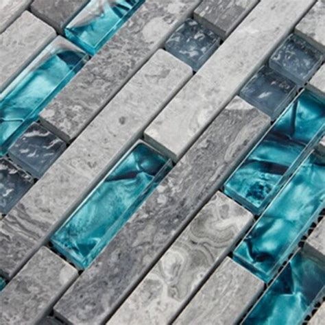 Gray and Teal Backsplash Tile Striped Marble & Glass Mosaic Wall Tiles