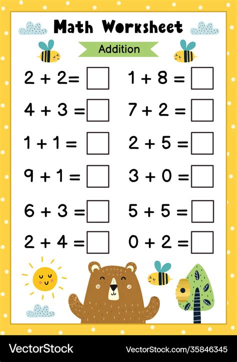 Math worksheet for kids addition mathematic Vector Image