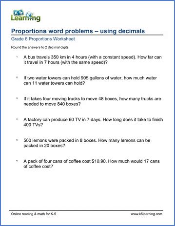 Grade 6 Math Worksheet: Proportions word problems (with decimals) | K5 Learning