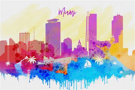 Colorful Miami City Skyline Digital Art by Dim Dom