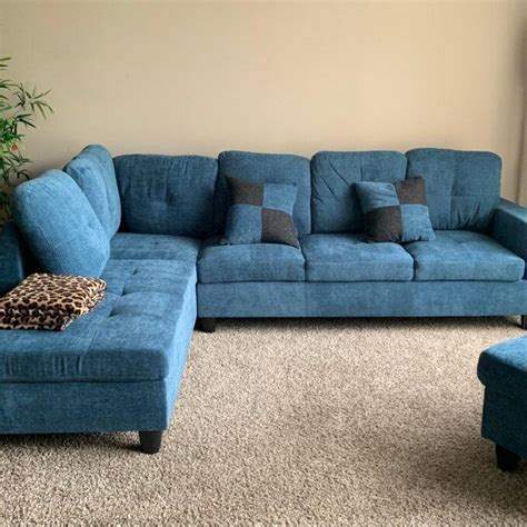 Living Room Blue Sectional Sofa Couch L Shaped with Ottoman Storage Piece