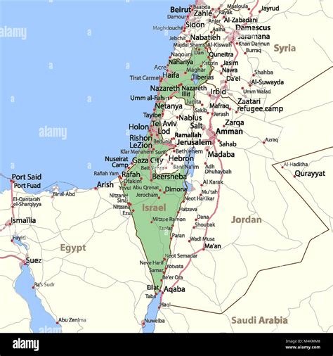 Map of Israel. Shows country borders, urban areas, place names and roads. Labels in English ...