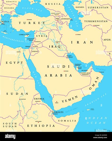 Middle East political map with capitals and national borders. Transcontinental region centered ...