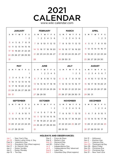 2021 Calendar With Holidays Printable 9 Templates - Riset