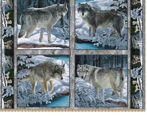 100% Cotton Winter Wildlife Cotton Fabric, Digital Print, Snow, Wolf, Mountains, Trees, Pillow ...