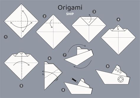 Ship origami scheme tutorial moving model on grey backdrop. Origami for kids. Step by step how ...