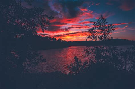 Red Evening Sunset Lake View From Forest Woods, HD Nature, 4k Wallpapers, Images, Backgrounds ...