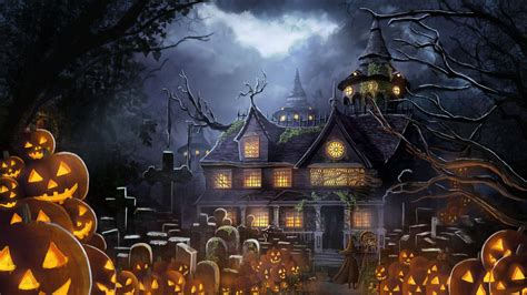 Download Haunted House and Jack-O’-Lantern Graveyard Wallpaper | Wallpapers.com