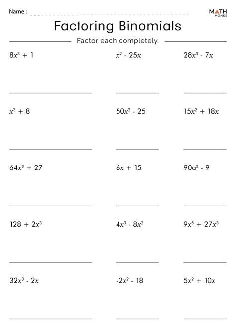 Factoring Binomials Worksheets - Math Monks