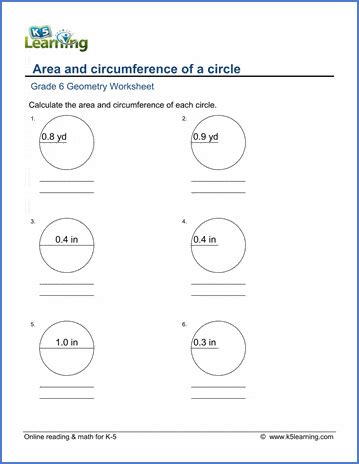 Grade 6 Geometry Worksheets: Area and circumference of a circle | K5 Learning