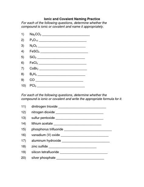 Naming Chemical Compounds Worksheet Key