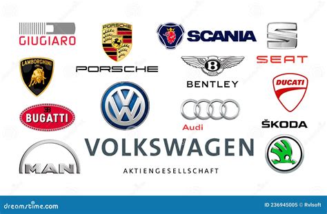 Collection Of Popular Car Logos: Volkswagen, Audi, Seat, Bentley, Bugatti, Ducati, Giugiaro ...