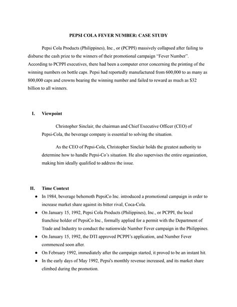 SOLUTION: Case Study: Pepsi Fever Number - Studypool