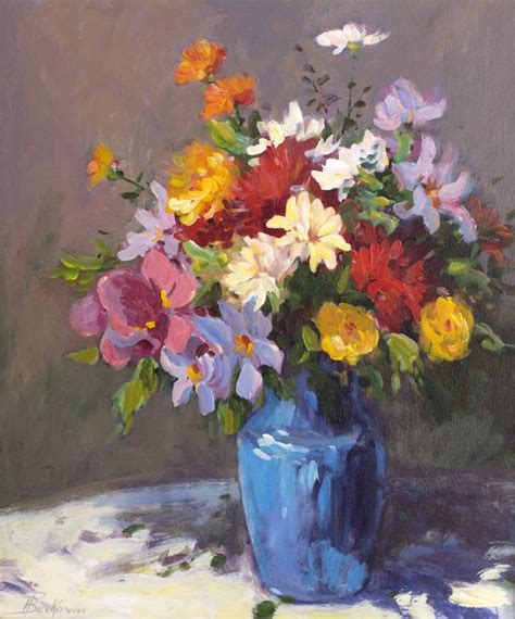 Blue vase of Spring Flowers Painting by Helmut Pete Beckmann | Saatchi Art