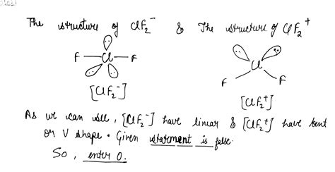 ClF−2 ion is bent but ClF+2 is linear in shape. If true, enter 1 else enter 0.