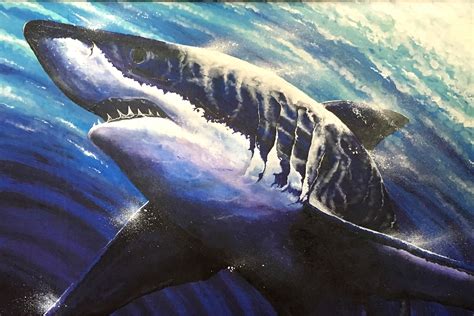 Great white painting of shark thrashing through water. Large format 5'x3.5 ft. Framed and ready ...