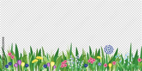 Spring garden grass and flowers border. Cartoon vector flower background. Green elements objects ...