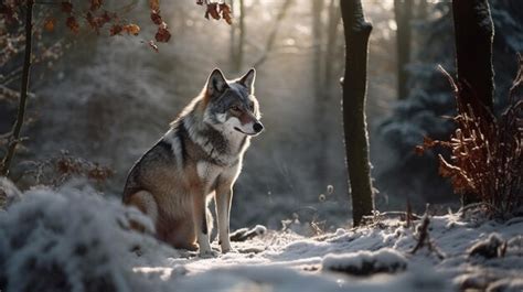 Premium AI Image | Majestic Wolf Roams Snowy Forest A Captivating Glimpse of Wilderness Grace