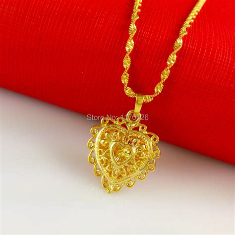 promotion 24K gold necklace women classic heart shaped pendant brass plated high simulation of ...