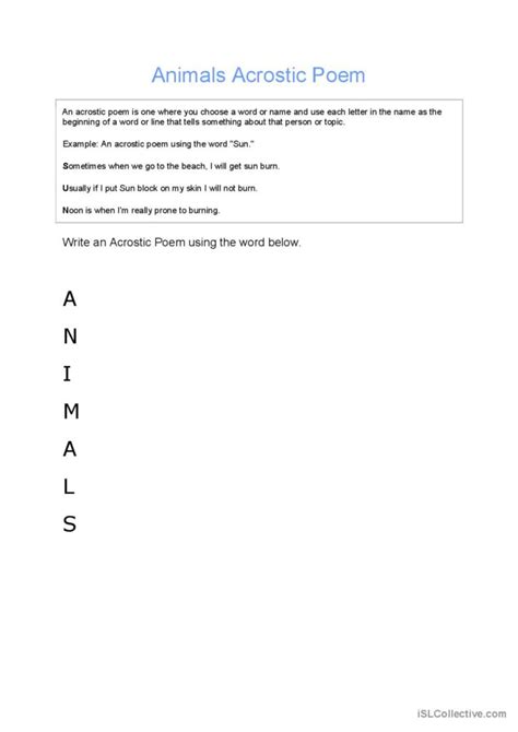 Animals Acrostic Poem: English ESL worksheets pdf & doc