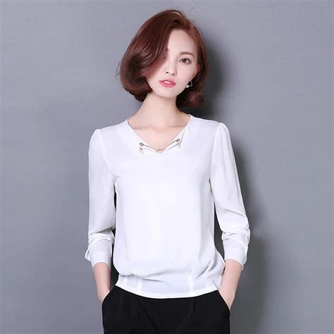 2017 spring and summer women blouses work ladies office long sleeve shirts V neck chiffon ...