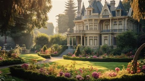 Premium AI Image | A photo of a Victorian mansion with a sprawling garden soft morning light